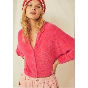 Free People Allegra Sweater Cardigan Fuzzy Hot Pink Barbie Cozy soft Slouchy S